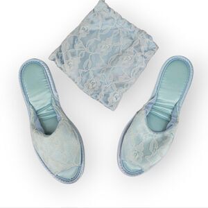 Vintage Blue Satin and Lace Women's House Slippers 60s Peep Toe